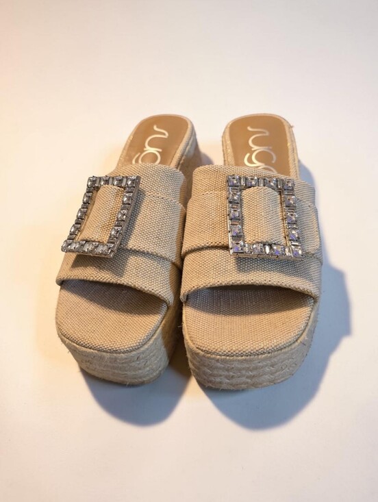 Sugar Shoes - Nwot SUGAR Neutral Beige Espadrille Platform Slide Sandals with Crystal Buckle